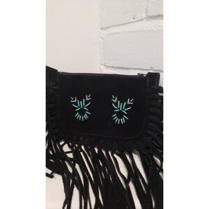 Vintage Black Suede Shoulder Bag With Fringe and Bead Work